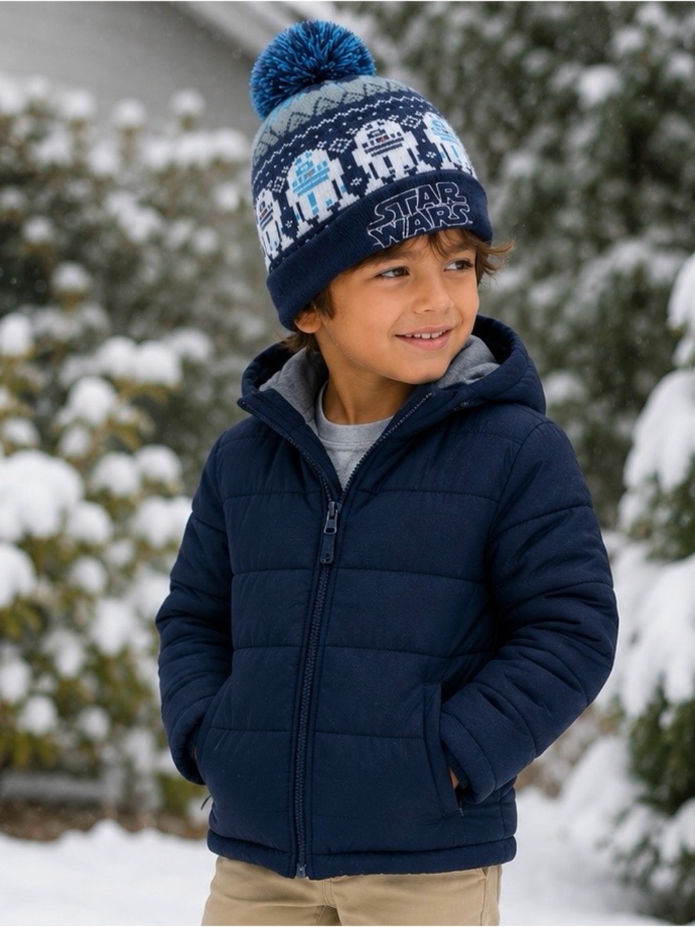 Star Wars Navy and Light Blue Pom Knit Beanie with R2-D2 Motif
